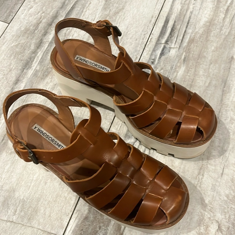 Windsor Smith Tan Leather Woven Platform Sandals